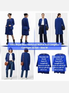 COS Royal Blue Textured Waffle Knit Cardigan Jacket Size M